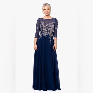 NWOT BETSY & ADAM | NAVY BROOKLYN LONG EMBROIDERY 3/4 SLEEVE DRESS 6P